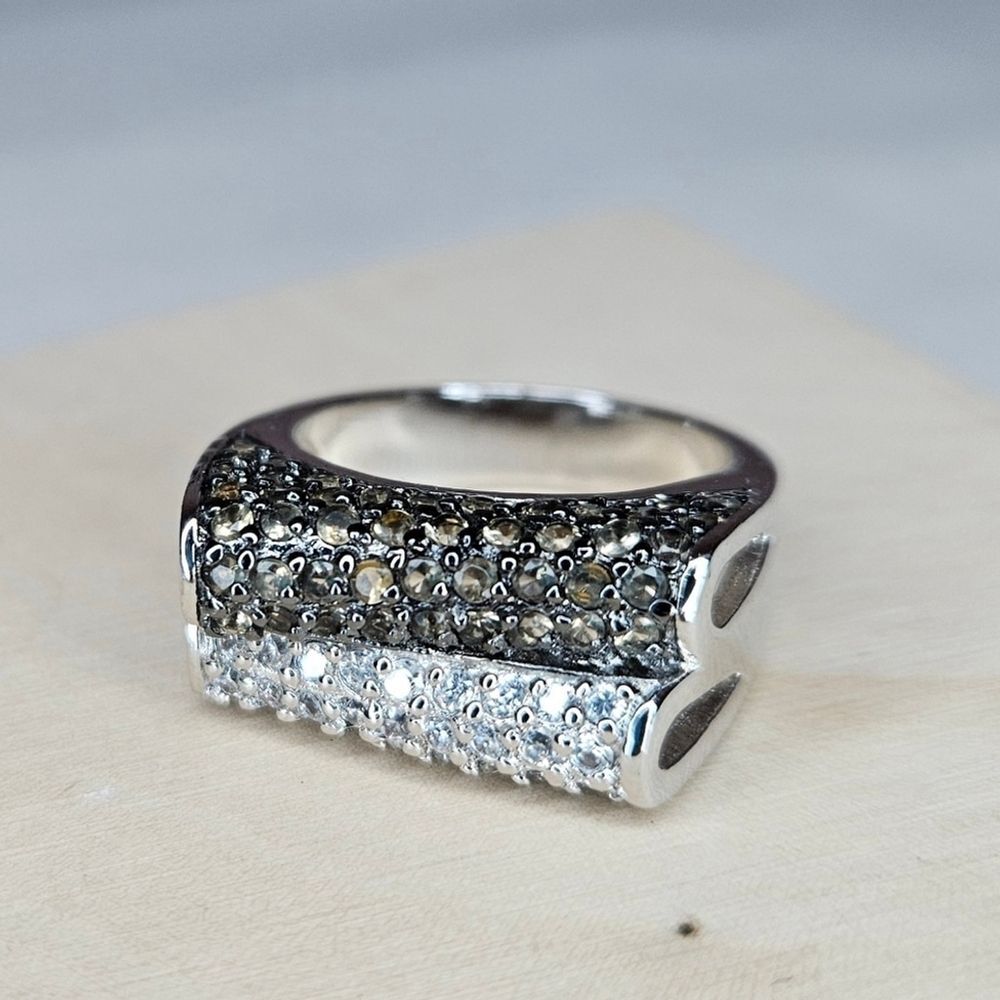 Sterling Silver Micro Pave Smoky Grey And Clear Cubic Zirconia Size 7 Dome NWT